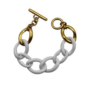 Monet Gold Tone White Enamel Link Bracelet Toggle Clasp 7.5" Chunky Curb Layer